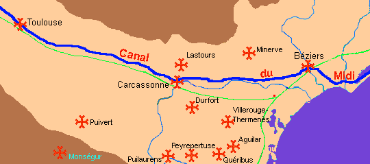 La carte des sites Cathares les plus célèbres le long du  Canal du Midi